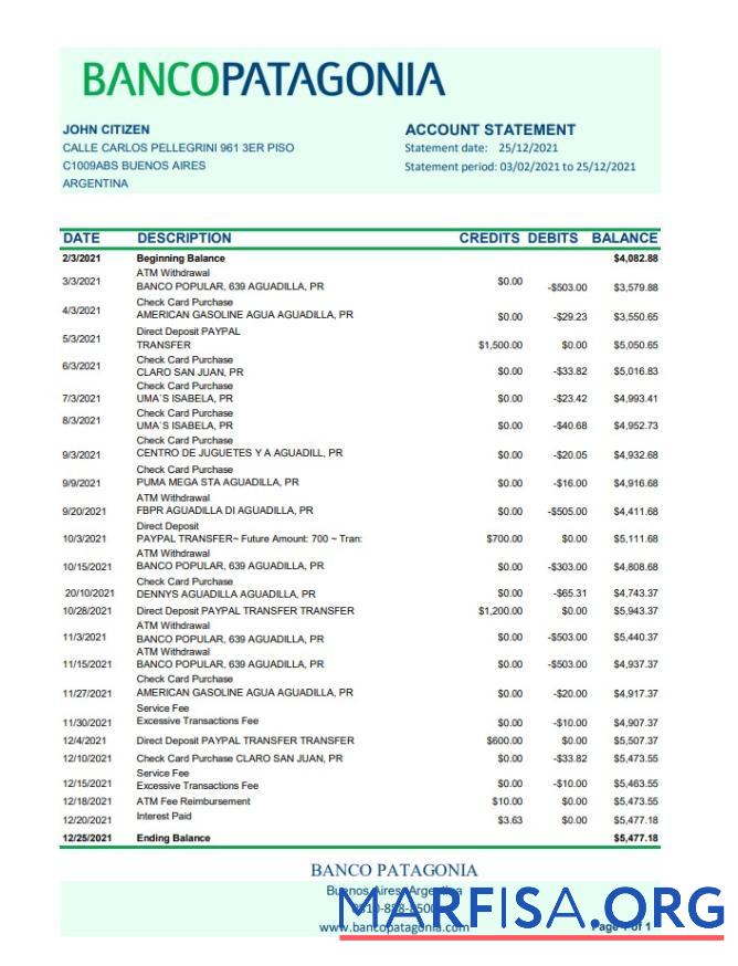Downloadable Argentina Banco Patagonia bank statement excel real example